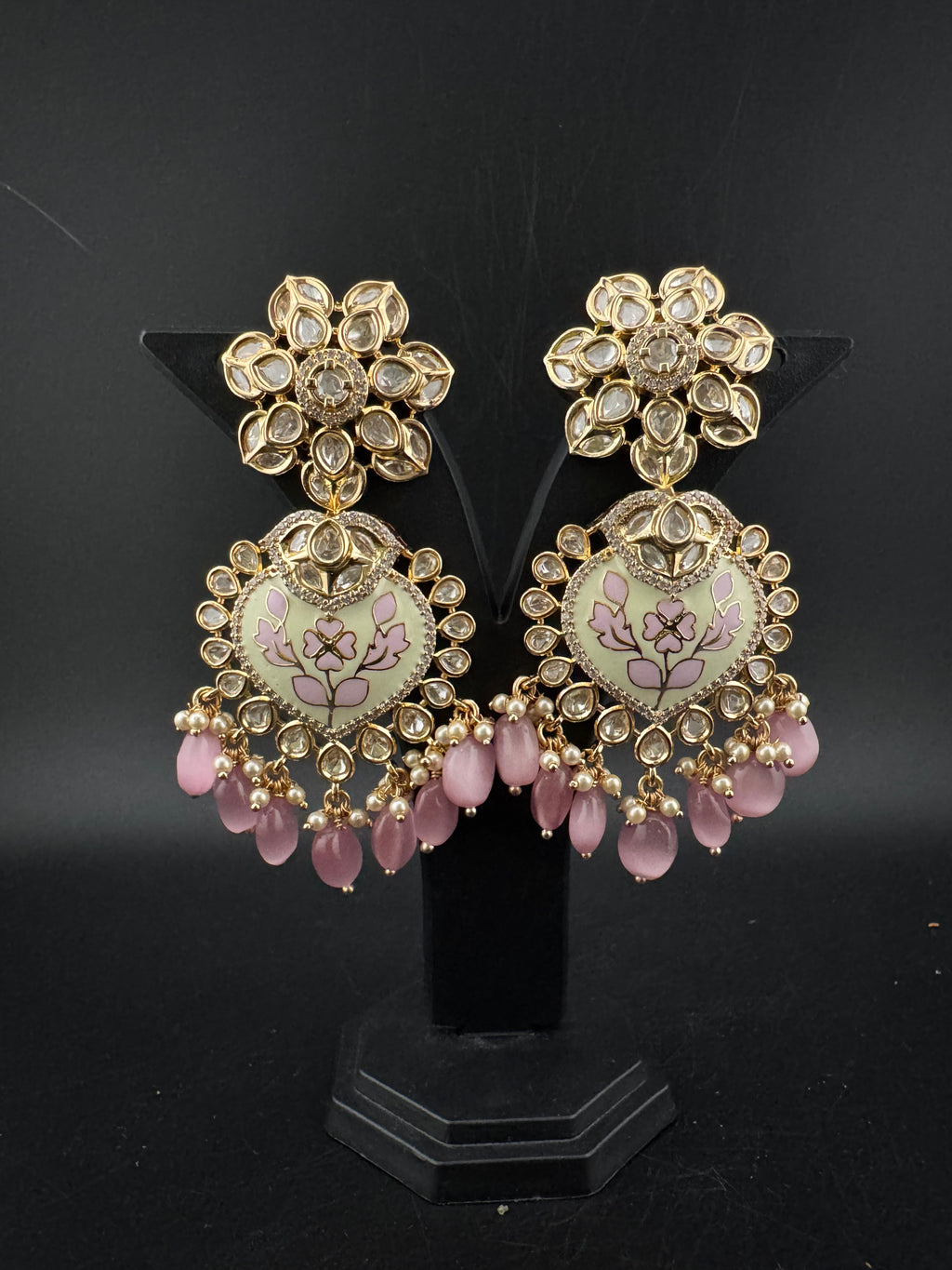 Enamel and Gold Kundan Chandelier Long Earrings, High shine Bridal Moissanite CZ, Designer Earrings