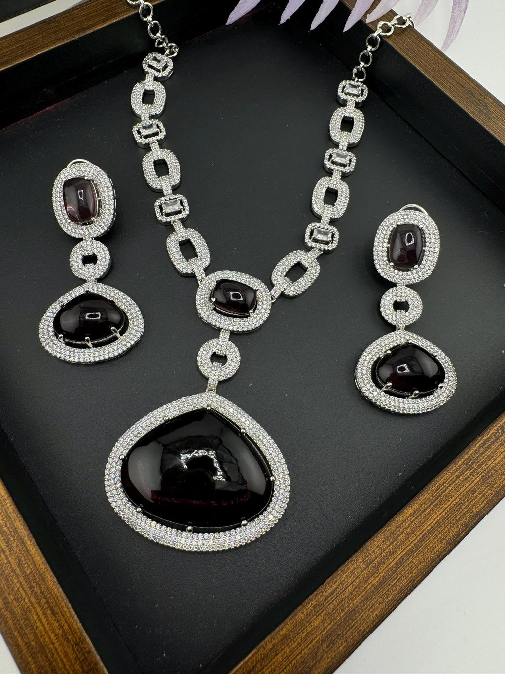 Premium Long necklace in Cubic Zirconia and Wine doublet stones Necklace set with long earrings