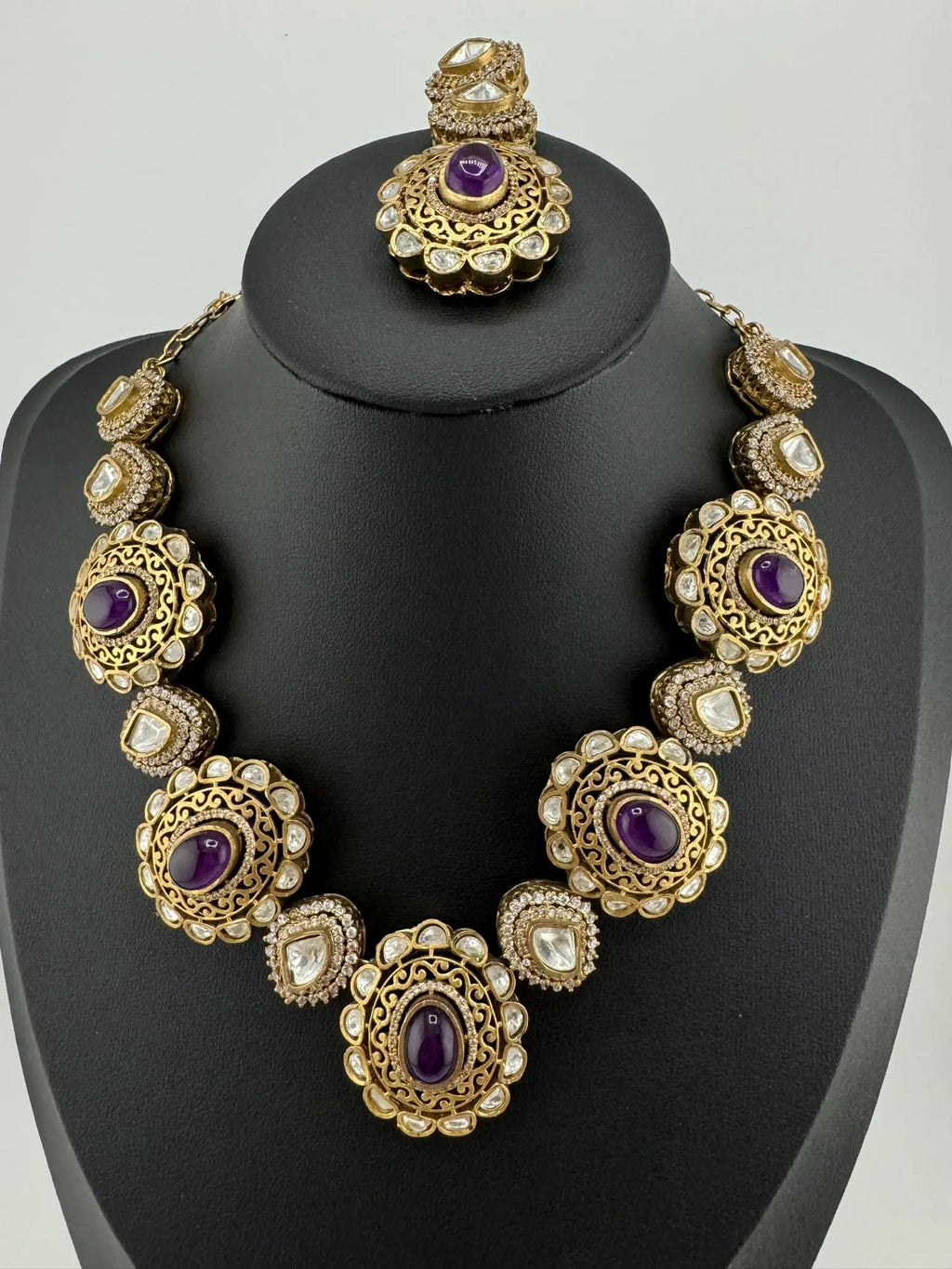 Amrapali inspired Premium fusion Necklace set in Moissanite, uncut Kundan, CZ and Doublet stones in matt gold finish with earrings