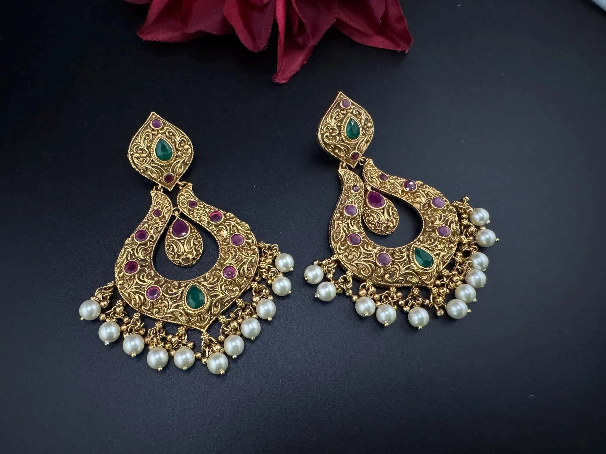 Amrapali inspired Premium Ruby and Green Pachi kundan Chand Bali in Matt Gold and Pearls designer Chandelier