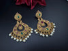 Amrapali inspired Premium Ruby and Green Pachi kundan Chand Bali in Matt Gold and Pearls designer Chandelier