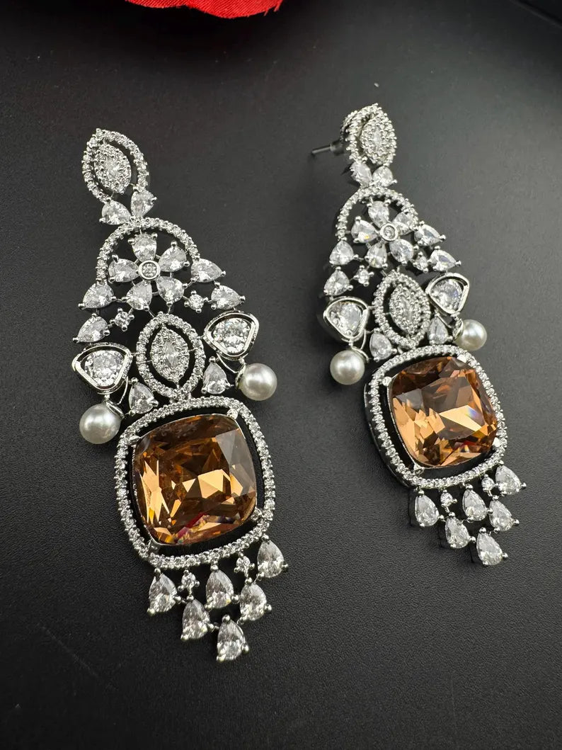 Champagne Cubic Zirconia Chandelier Long earrings with Pearls and Crystals