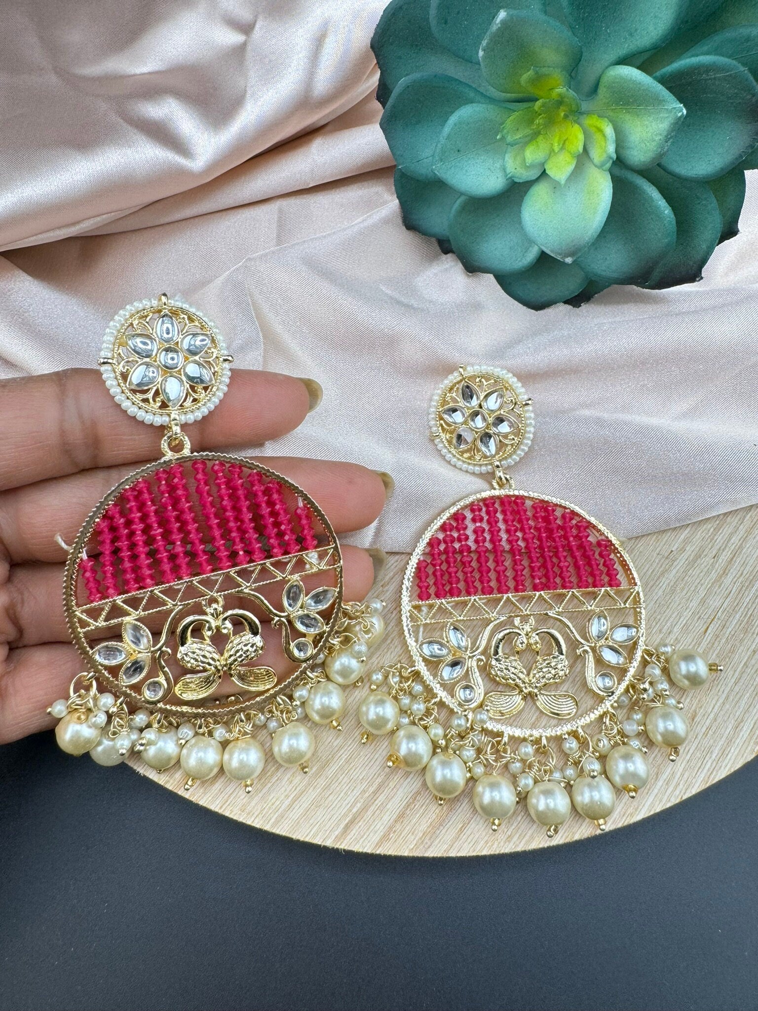 Glitter hydro beads kundan and Pearls Punjabi Chandbali Earrings