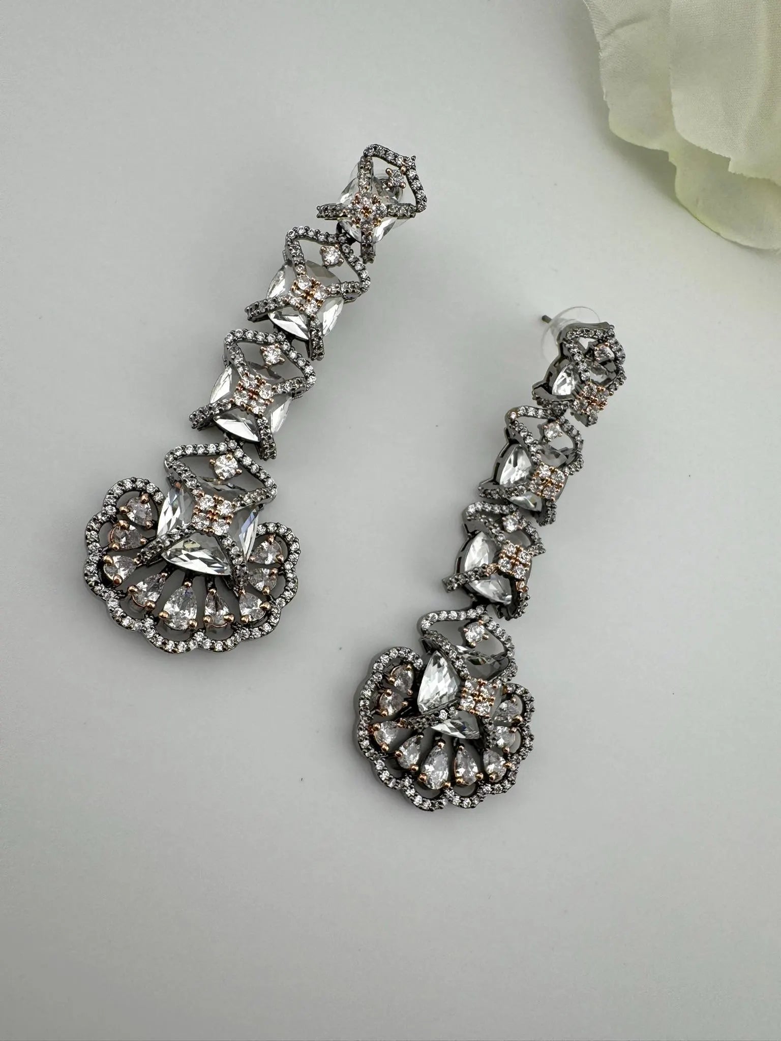 Premium Victorian Rose Gold Nano Setting Cubic Zirconia and Clear stones Long earrings