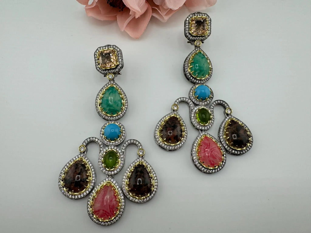 Sabyasachi inspired Premium Designer Chandelier Earrings in Multicolor Natural stone, CZ, Crystal stones