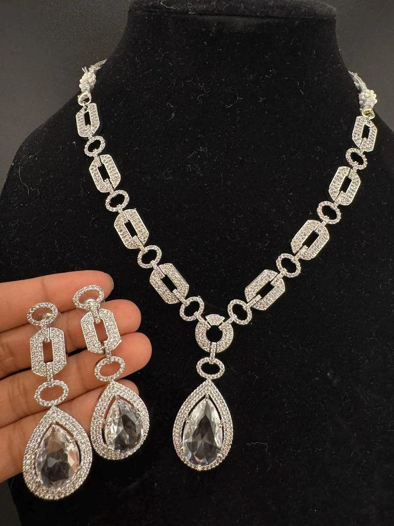 Silver polish American Diamond, Cubic Zirconia Chain style Clear Necklace set