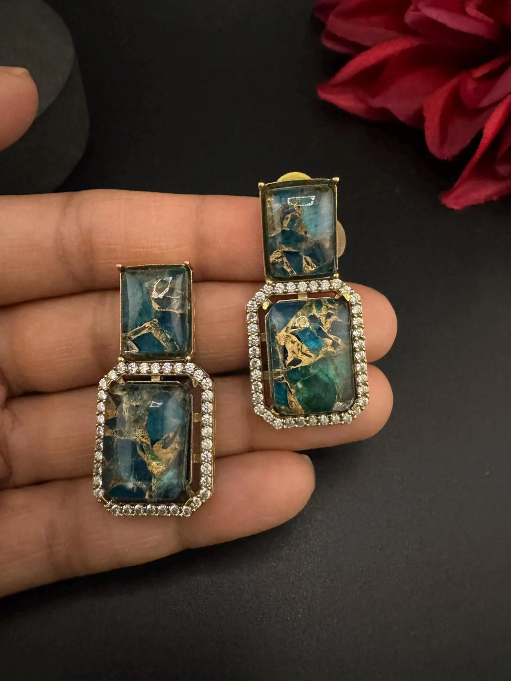 Premium Doublet Marble stone and Cubic Zirconia designer Drop earrings