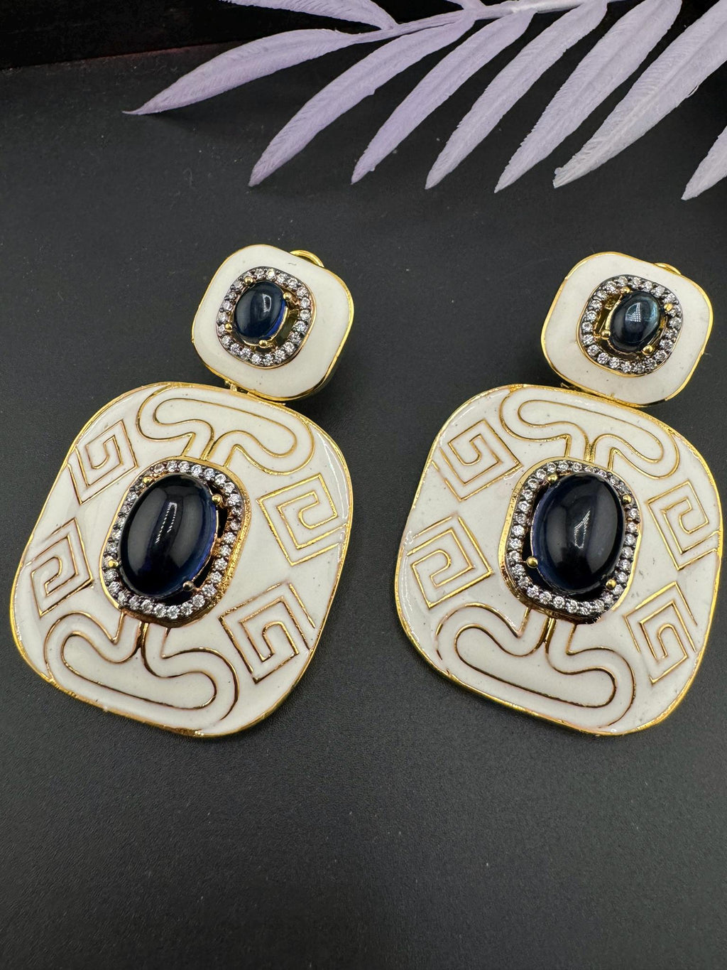 Premium White Enamel with CZ and Blue Stone and gold detailed designer Dangle earrings