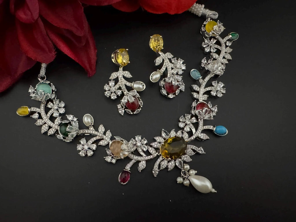 Yellow Premium American Diamond, Cubic Zirconia, Stones and Pearls Floral Necklace with earrings
