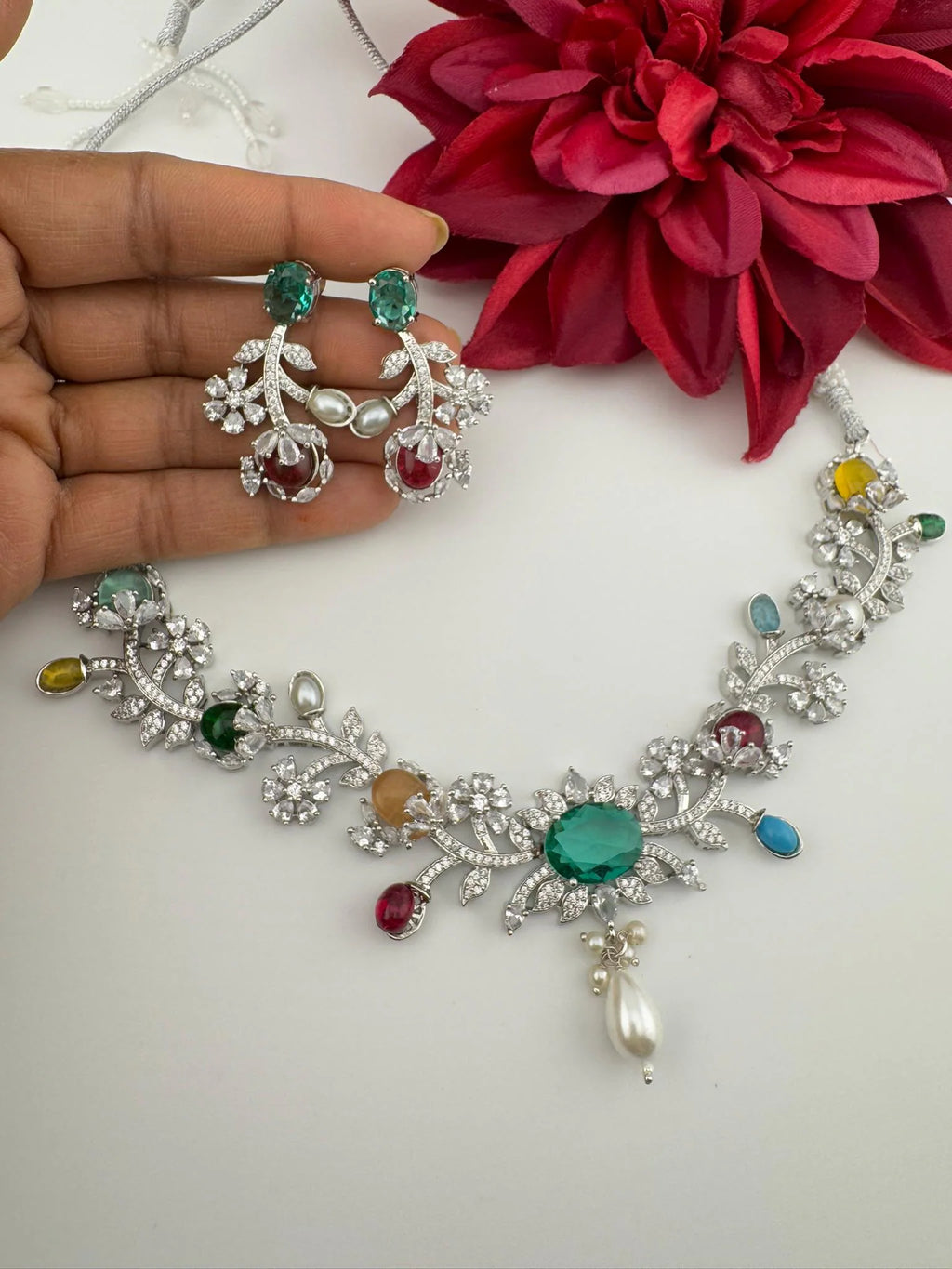 Rama Green Premium American Diamond, Cubic Zirconia, stones and pearls Floral Necklace with earrings
