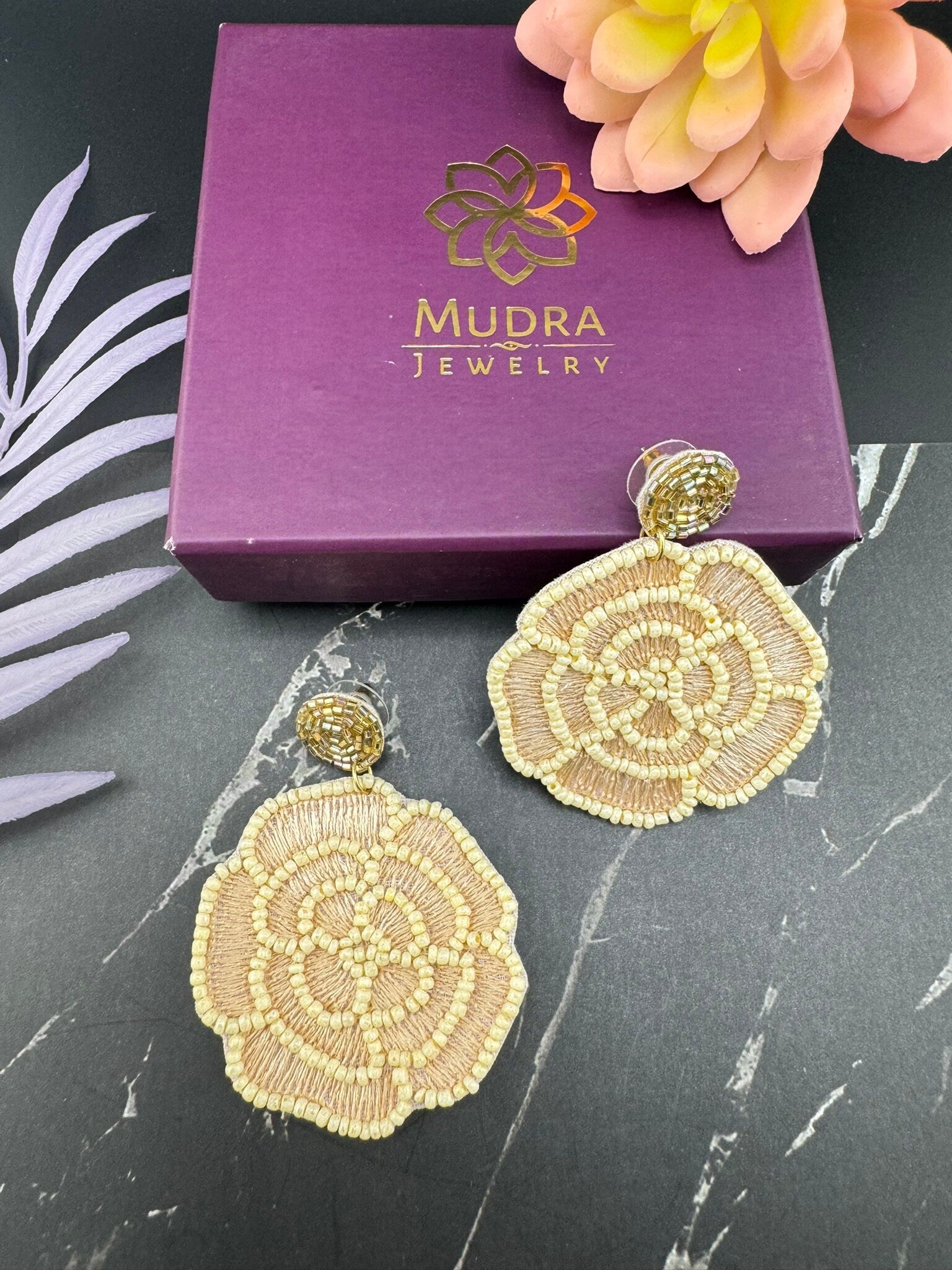 Gold and Beige Rose Beaded earrings, Quirky Earrings