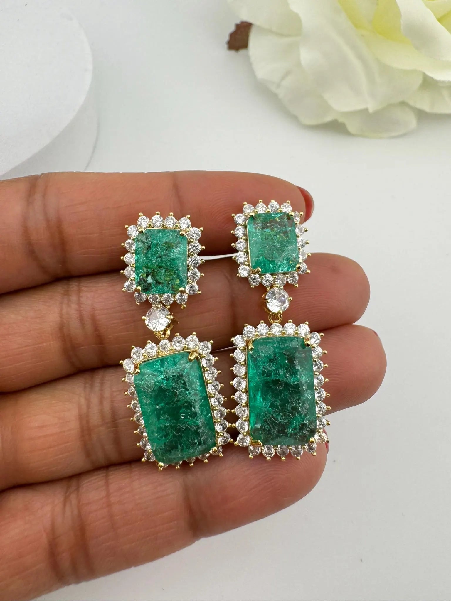 Sea Green Natural Doublet stone and Cubic Zirconia Premium Dangle earrings