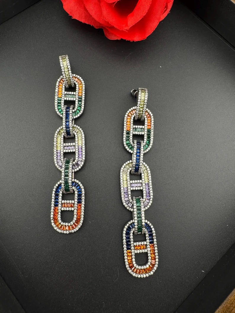 Unique Nano Setting Cubic Zirconia Multicolor Long Earrings