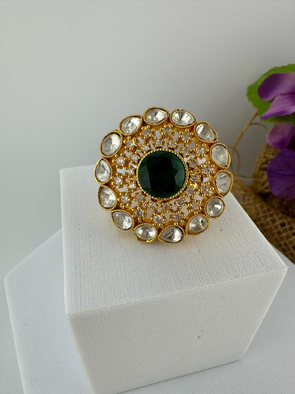 Adjustable Premium Big Finger Ring with Moissanite Kundan and Cubic Zirconia