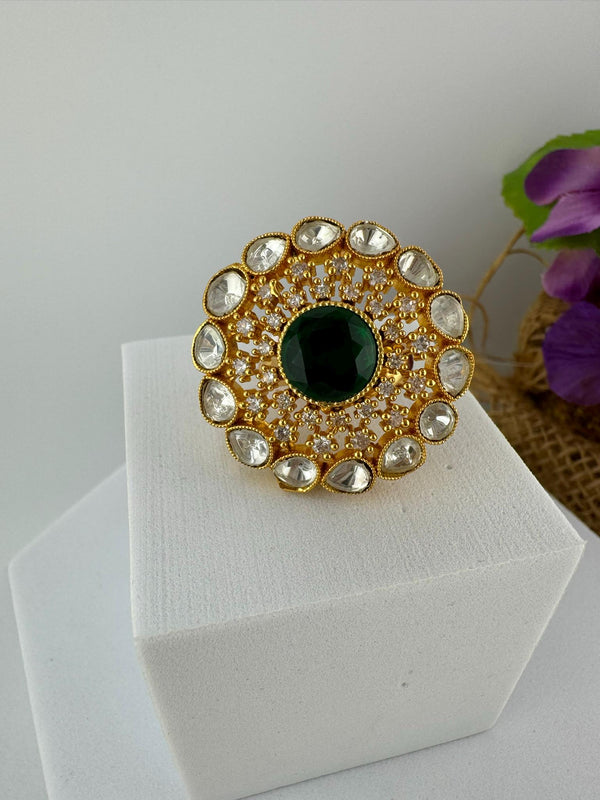 Adjustable Premium Big Finger Ring with Moissanite Kundan and Cubic Zirconia