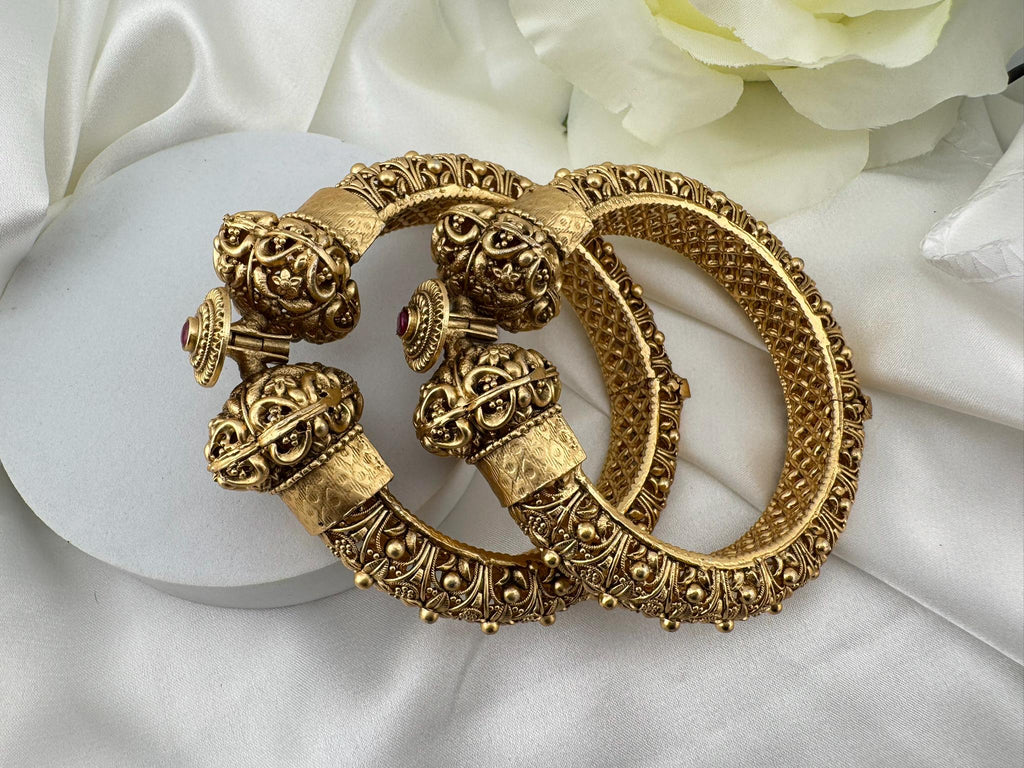 Amrapali inspired Designer Openable bangles in Matt Gold and ruby stones set of 2