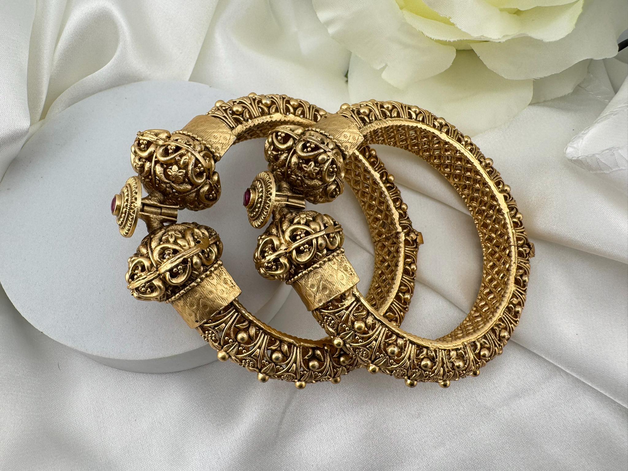 Amrapali inspired Designer Openable bangles in Matt Gold and ruby stones set of 2