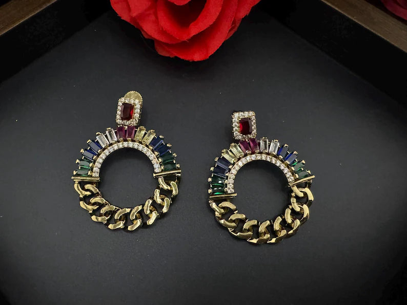 Premium earrings in Gold Chain design, with multicolor glass crystals