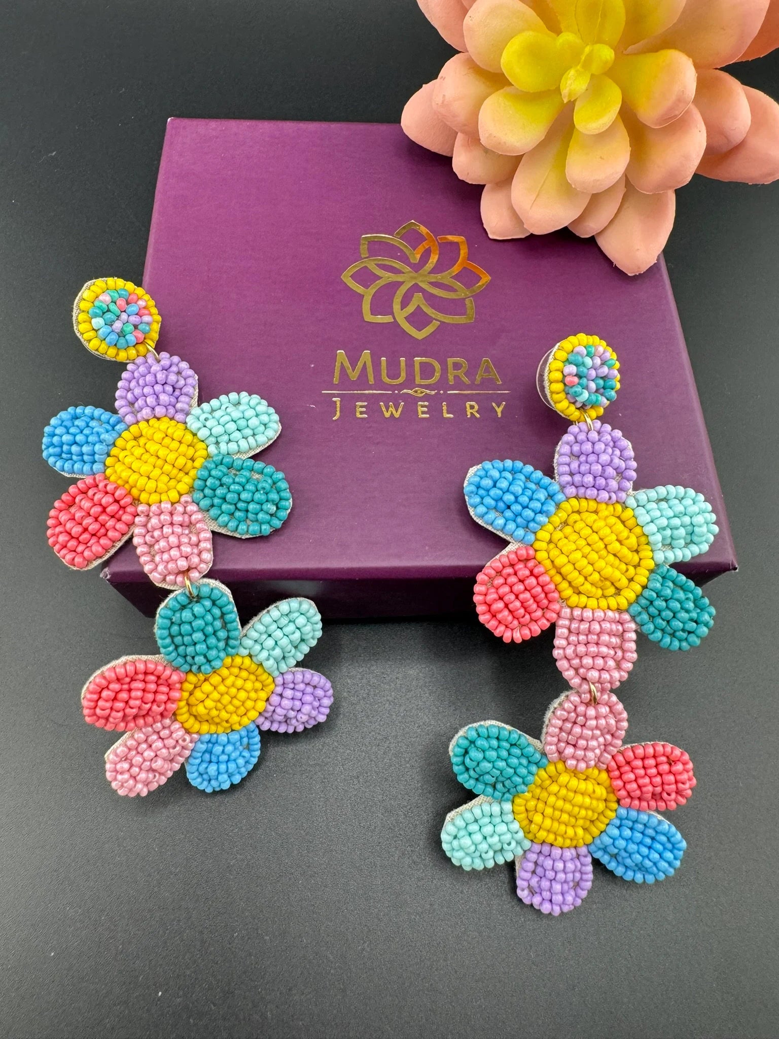 Beaded multicolor Long Quirky flower earrings / Handmade earrings