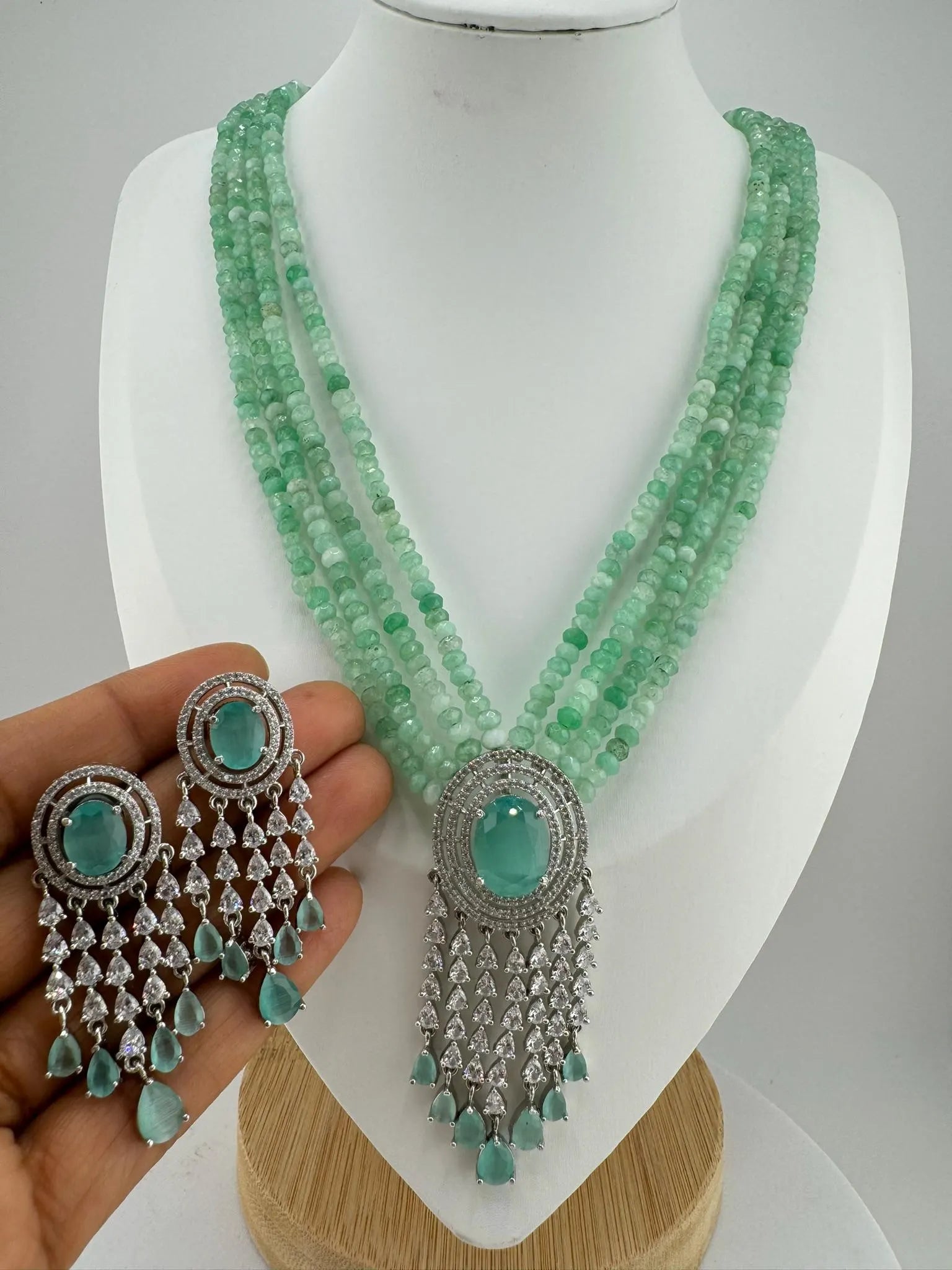 Premium Long necklace,  Rani Haar with CZ pendant, natural stones and onyx beads Long Necklace set