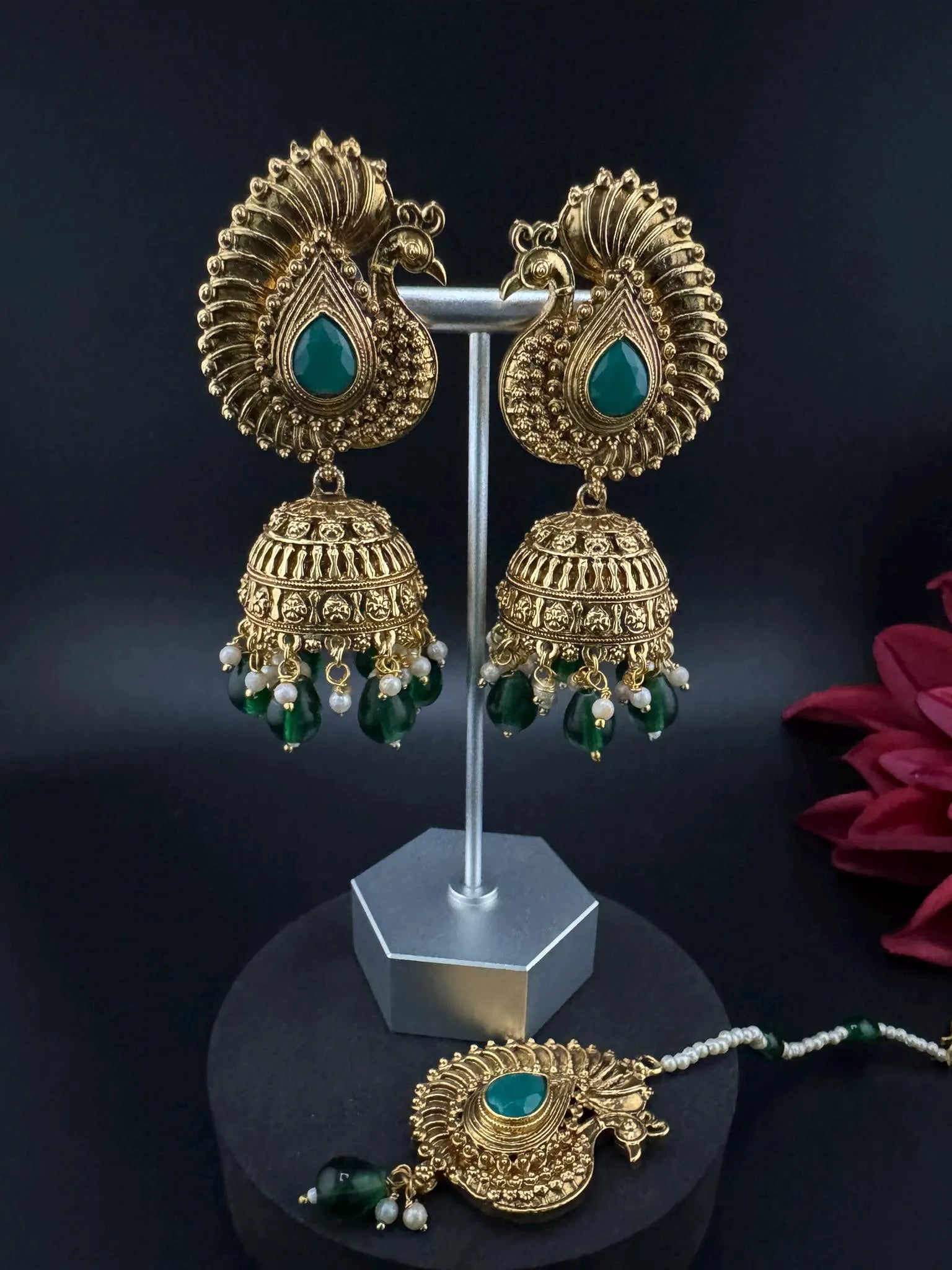 Amrapali inspired Premium Green stones and pearls jhumka, Matt Gold designer earrings