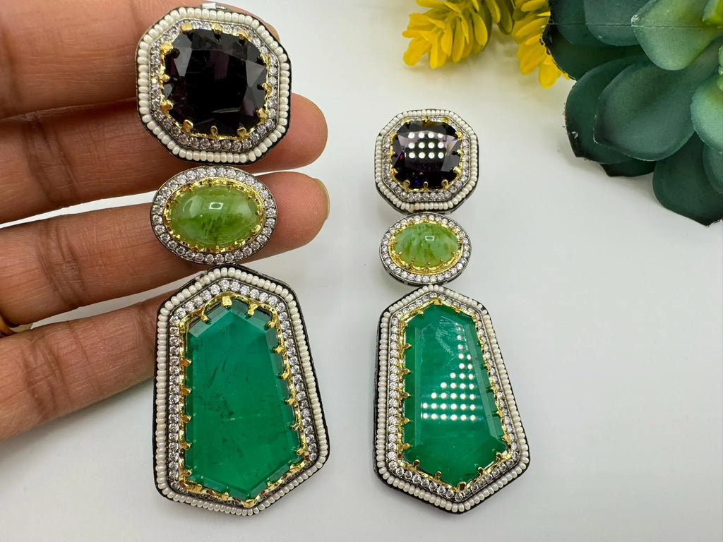 Sabyasachi Inspired designer Premium Purple and Green Victorian long earrings in CZ and pearls details