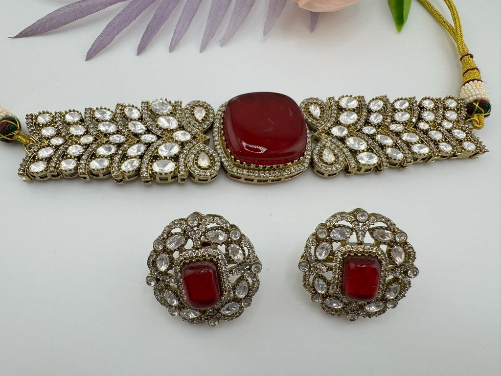 Dark Red Premium Quality Moissanite Kundan, CZ, Doublet stones is Designer Choker necklace set with Big Stud earrings