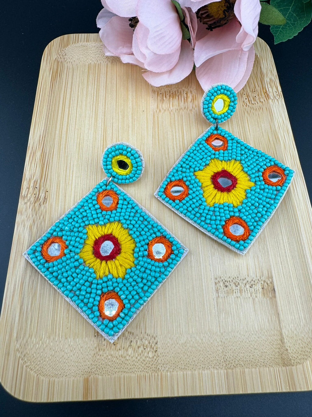 Beaded Teal/Turquoise Mirror Quirky Beaded earrings/Handmade earrings