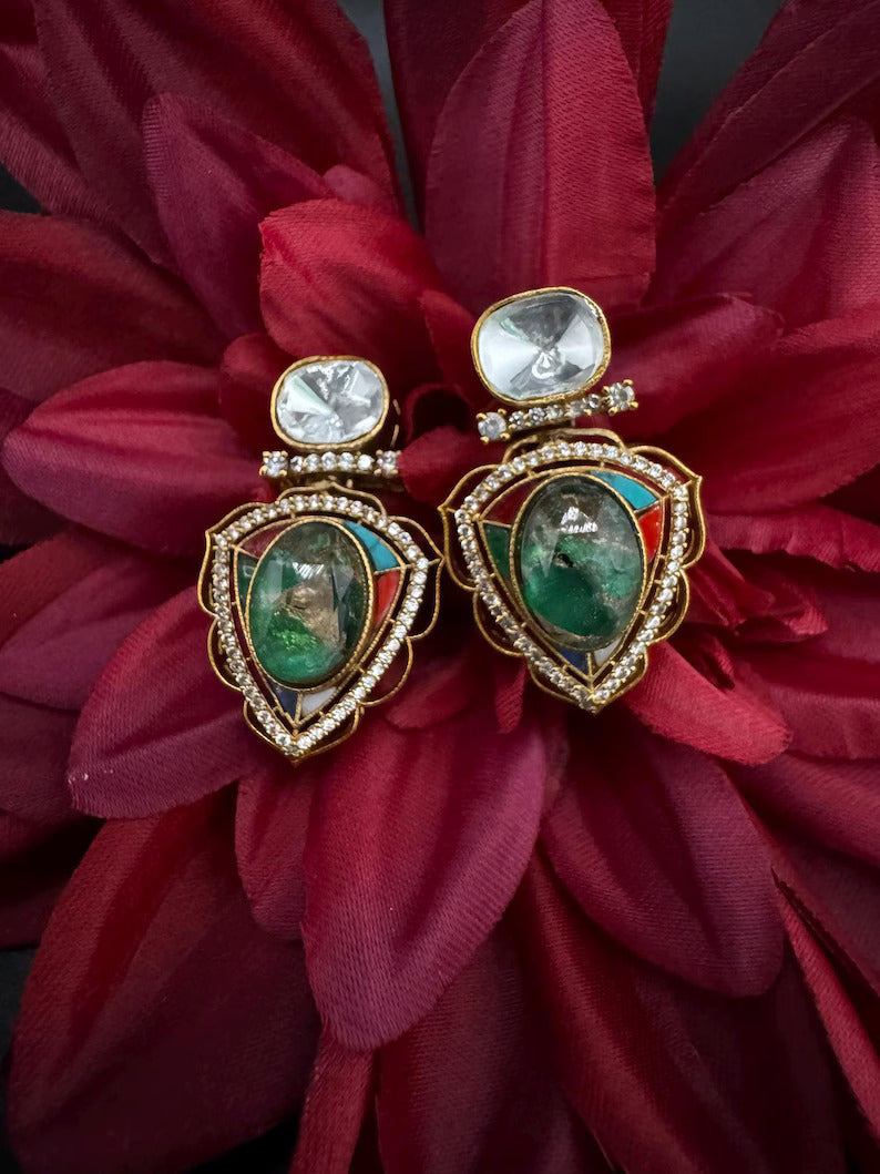 Premium designer stud earrings, with Uncut Kundan, CZ and Doublet Marble stone