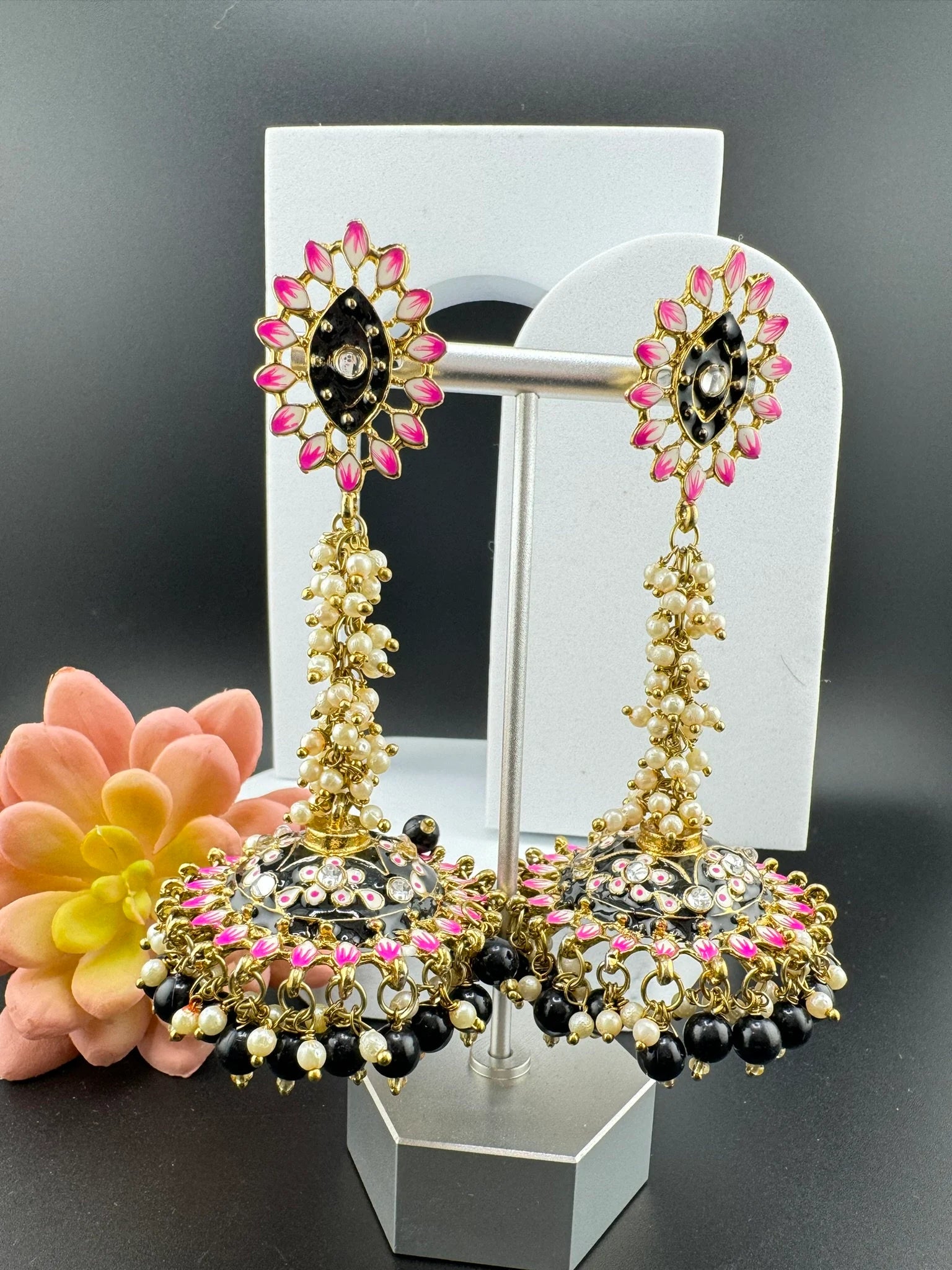 Long Jhumka with Minakari work, kundan and pearls details long Jhumka Earrings