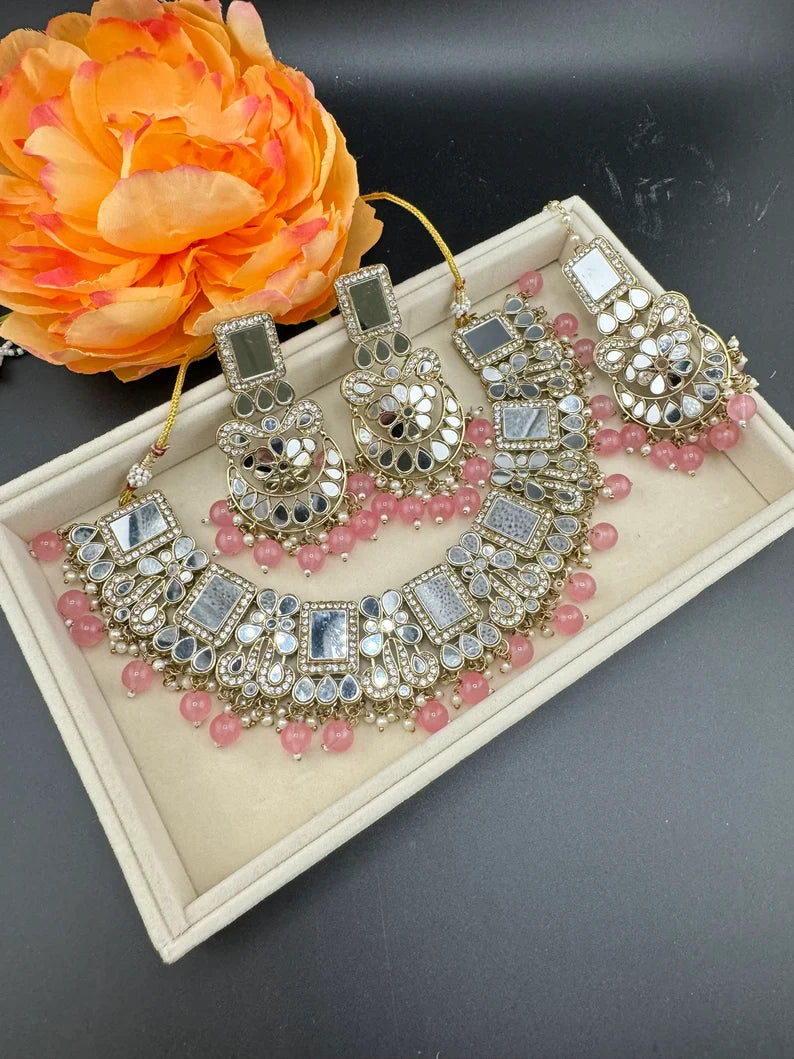 Mirror and pink pearls Necklace set with long earring and Tika