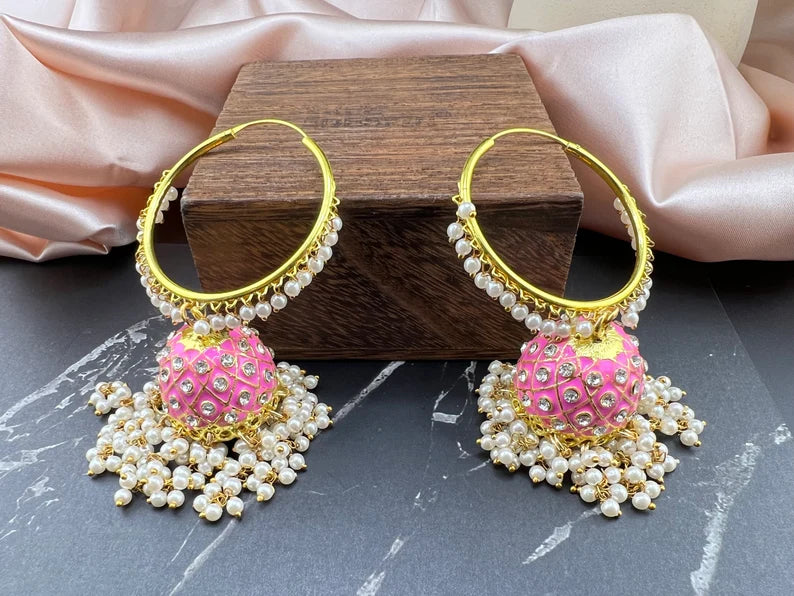 Premium Pink Jhumka Earrings with Minakari, CZ and pearls