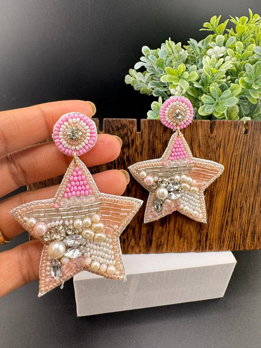 Beaded Baby Pink Glitter Star Quirky Beaded earrings