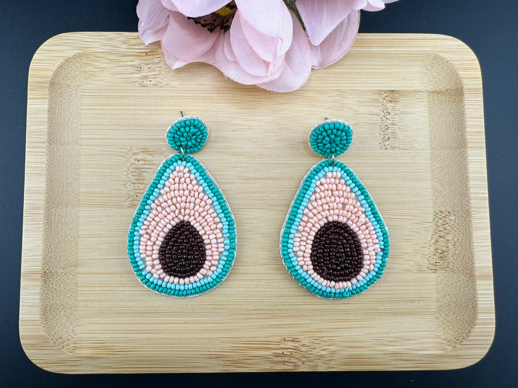 Pastel Pink Blue Avocado Beaded earrings, Quirky Earrings