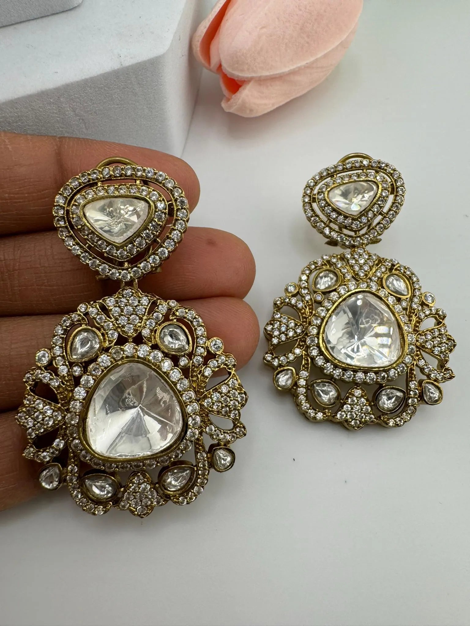 Premium Designer Moissanite Uncut Kundan and details of CZ Dangle earrings