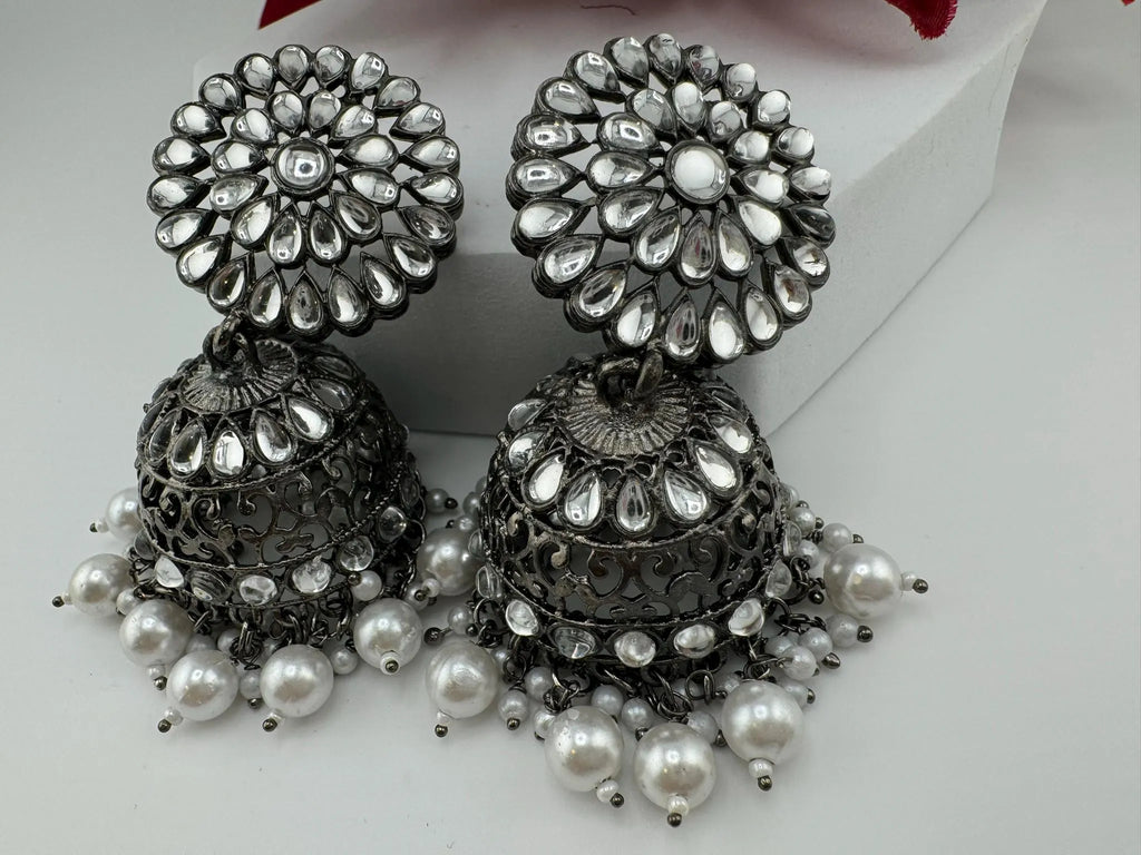 Dark Silver Polish Oxidized earrings Jhumka with stones and pearls
