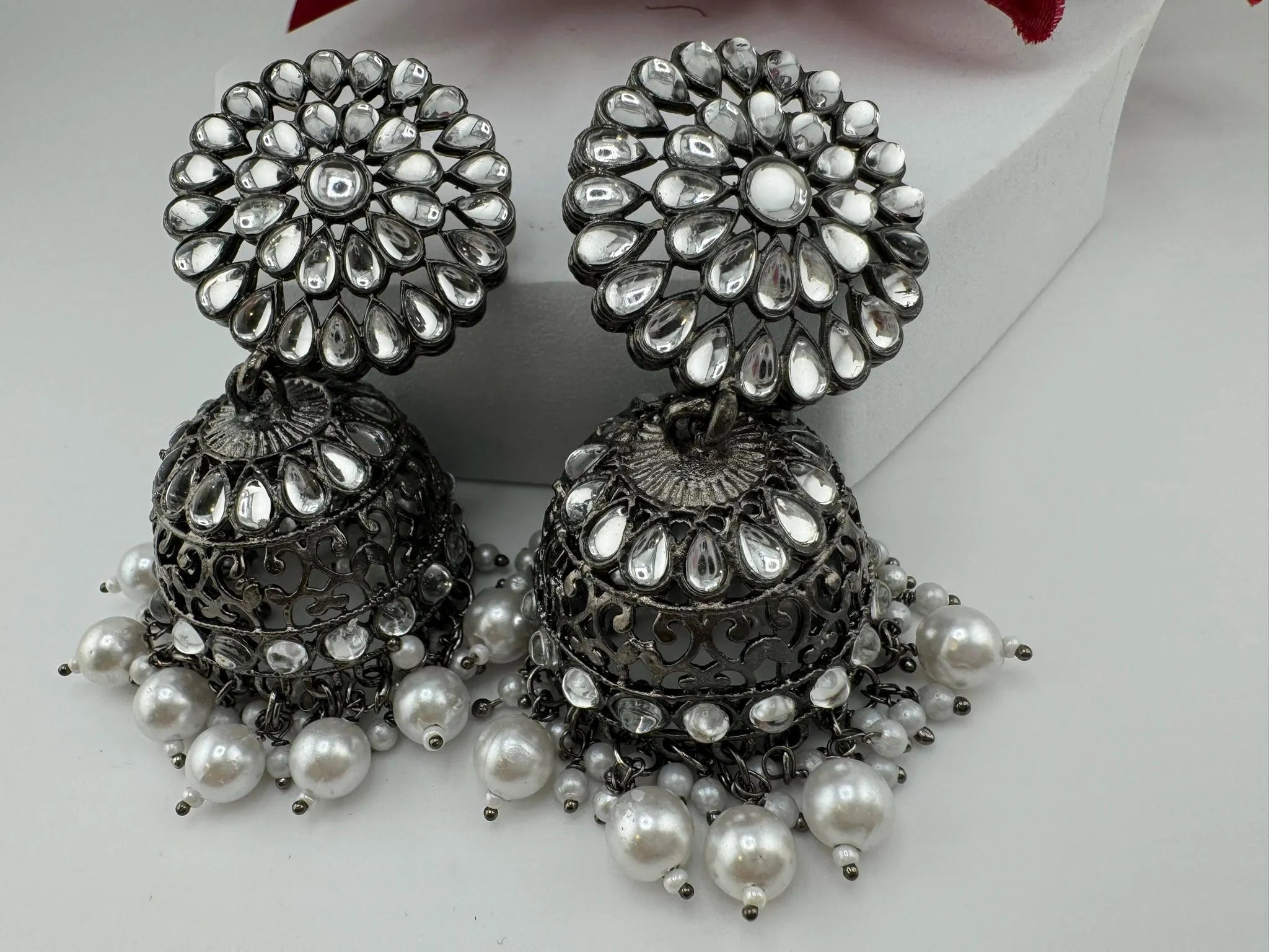 Dark Silver Polish Oxidized earrings Jhumka with stones and pearls