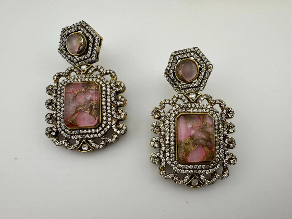 Premium Drop earrings with Marble Doublet stone and cubic zirconia, Gold polish