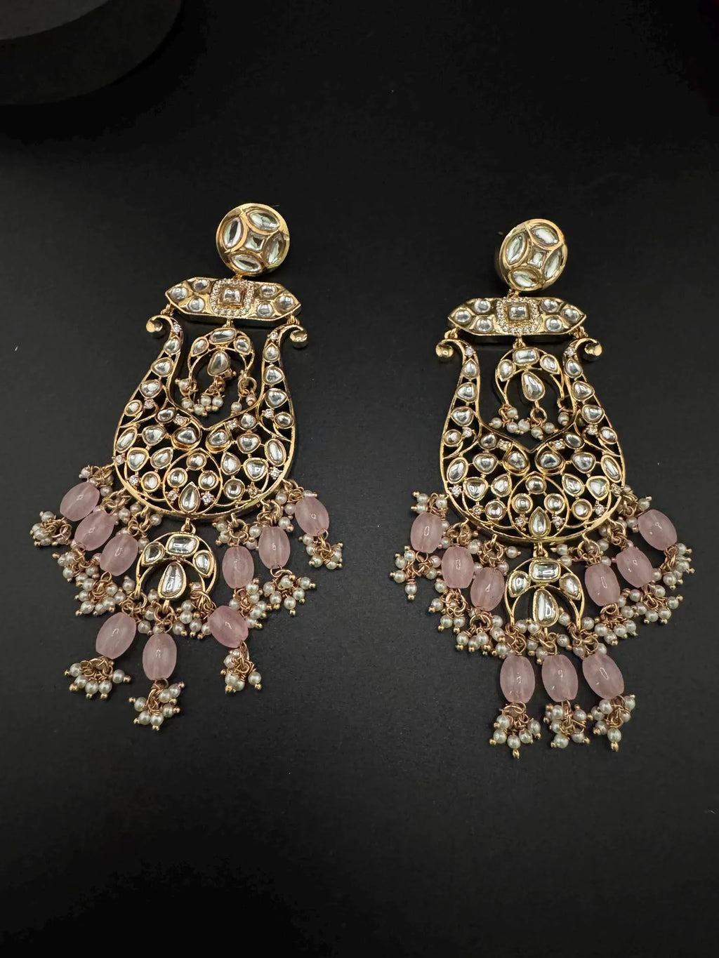 Tyaani inspired Premium Uncut Kundan, Pink Pearls, CZ  designer earrings/Long Chandelier earrings