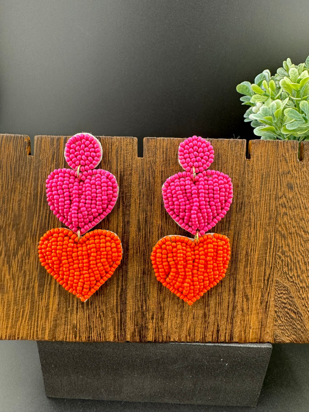 Beaded Pink and Orange Heart quirky Long earrings / Handmade earrings