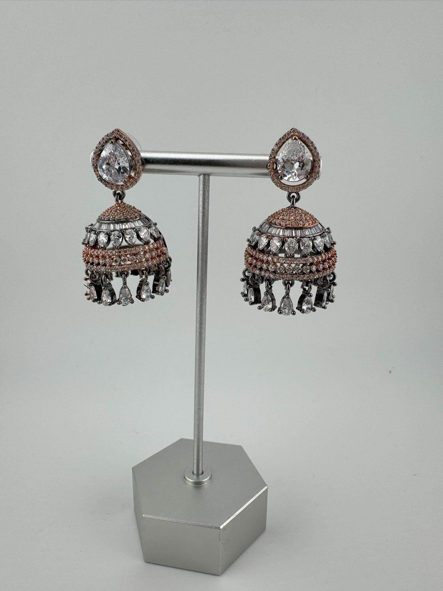 Premium Victorian Polish and  Rose Gold color Jhumka with Cubic Zirconia in unique setting