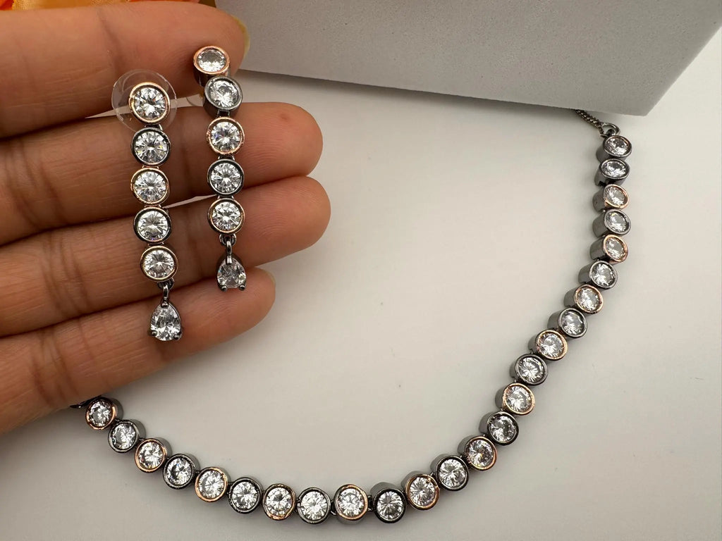 Premium American Diamond, Cubic Zirconia High Shine Sleek Necklace set with long earrings