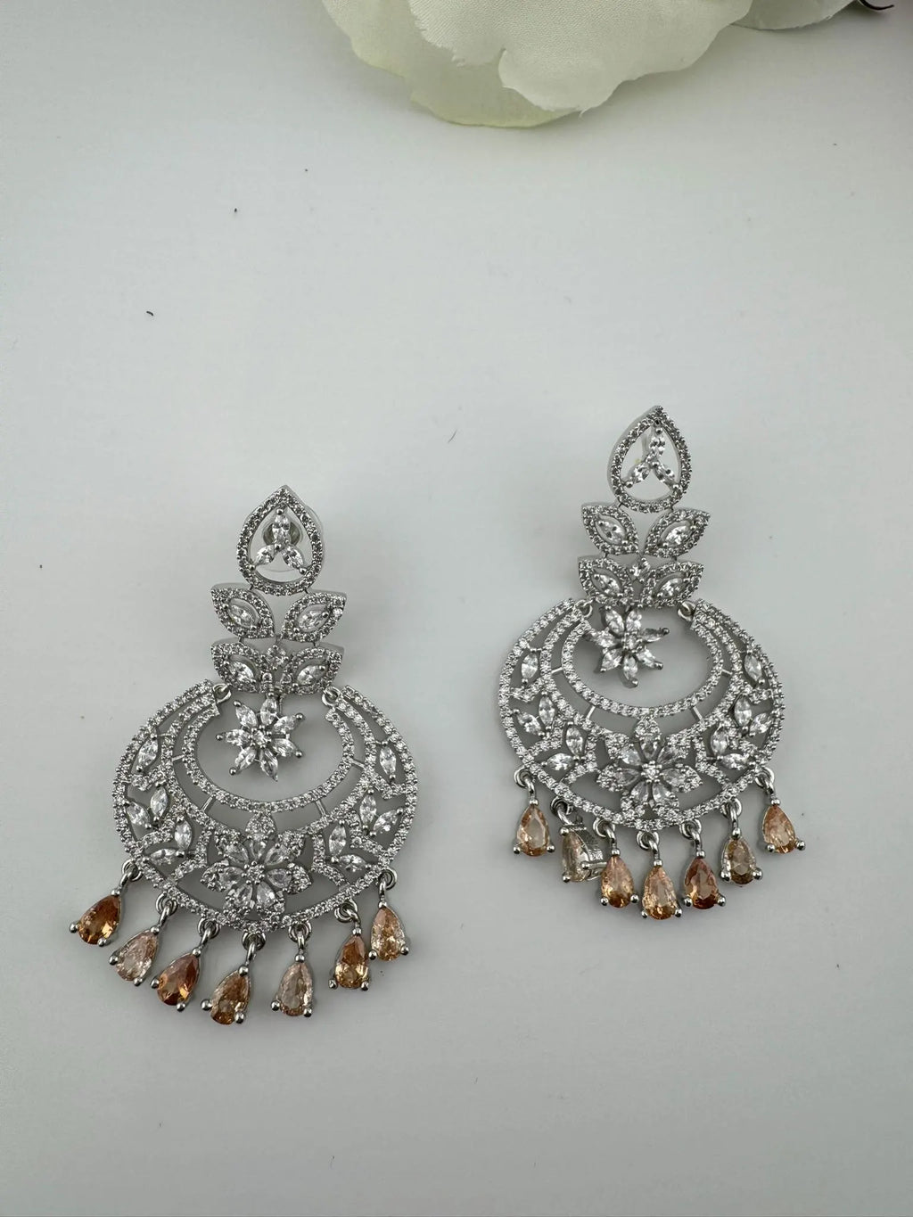 Premium Cubic Zirconia Chandelier chandbali earrings in Crystal stones in silver polish, Long earrings