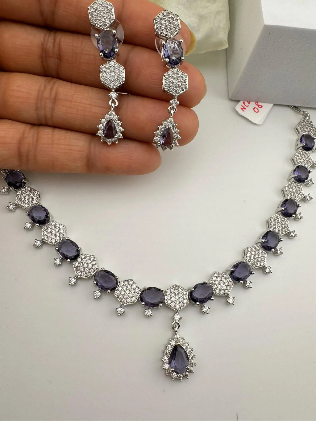 Premium Silver Polish American Diamond, Cubic Zirconia, glass stone Sleek Necklace set with long earrings