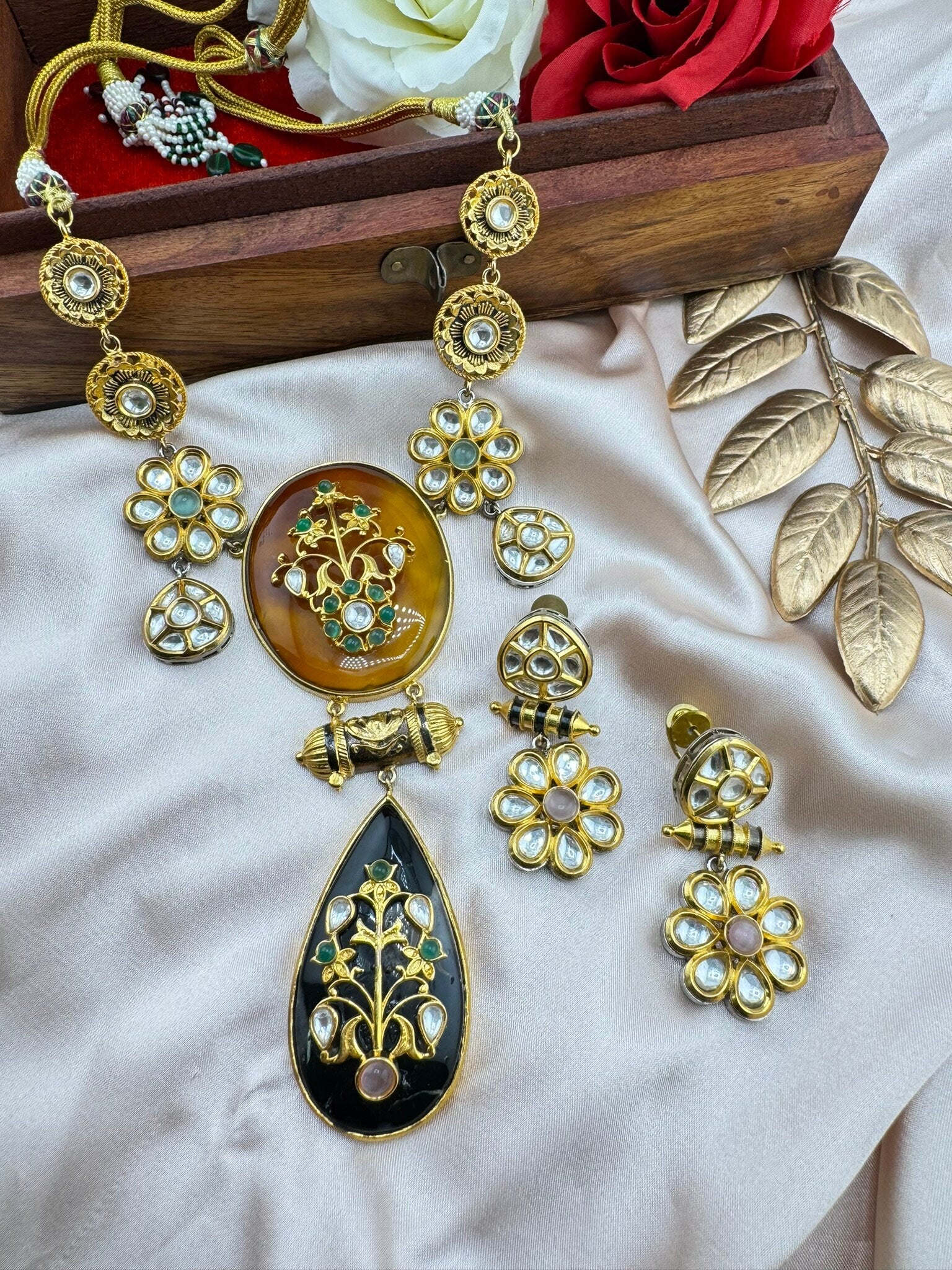 Amrapali Inspired Premium Necklace set, fusion Inlay work with Moissanite Kundan and natural stones