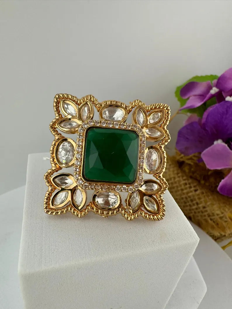 Moissanite Kundan and Green Stone Adjustable Square Finger Ring, Tyaani inspired