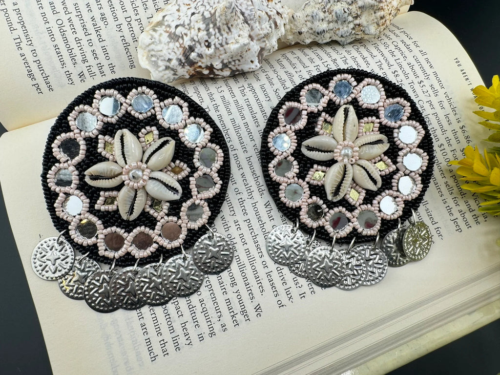 Black Beaded Mirror and Shell Oversized Stud earrings, cowrie/cowri Jewelry