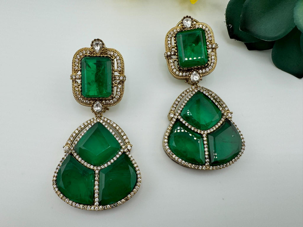 Premium Green Doublet earrings with Cubic Zirconia and kundan designer Chandelier earrings