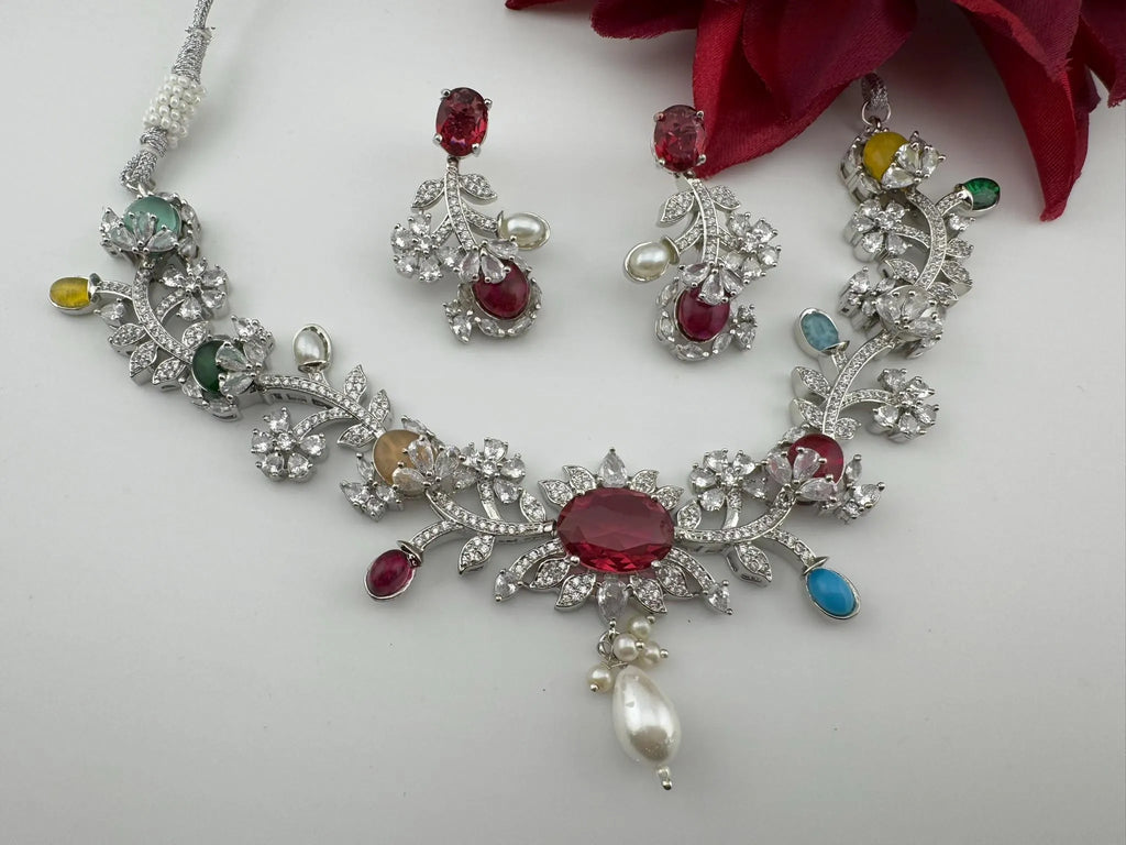 Red Premium American Diamond, Cubic Zirconia, Stones and Pearls Floral Necklace with earrings