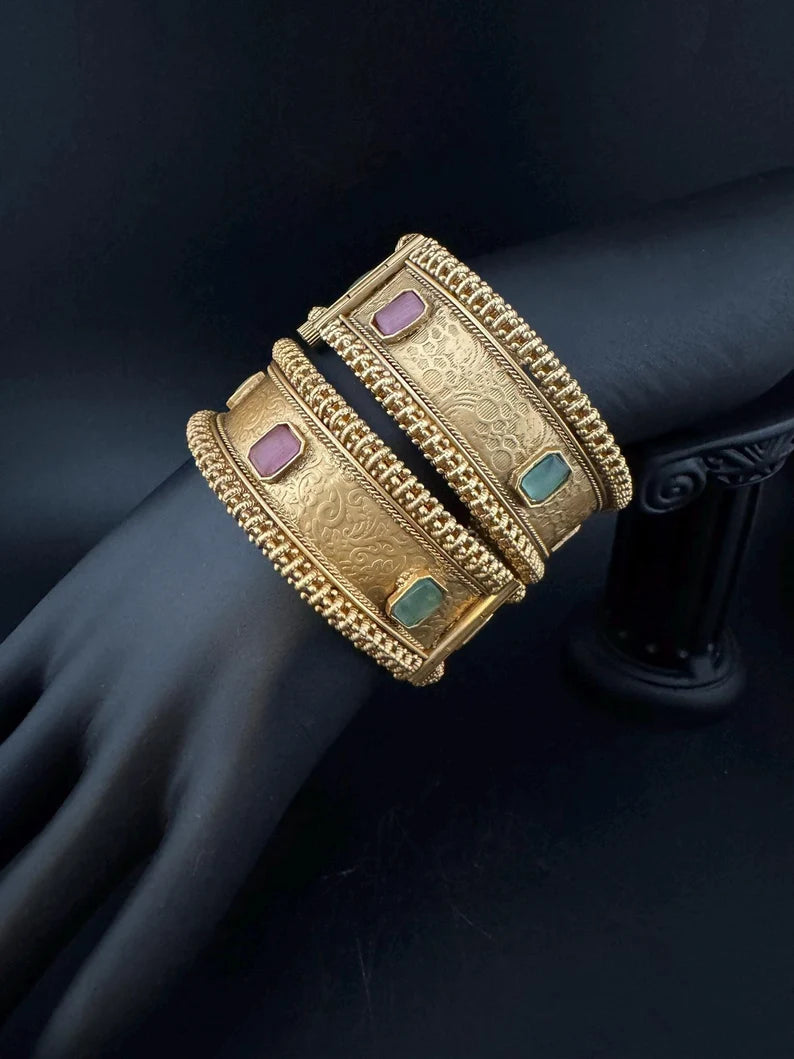 Amrapali inspired Designer Openable Broad bangle in Matt Gold finish set of 2